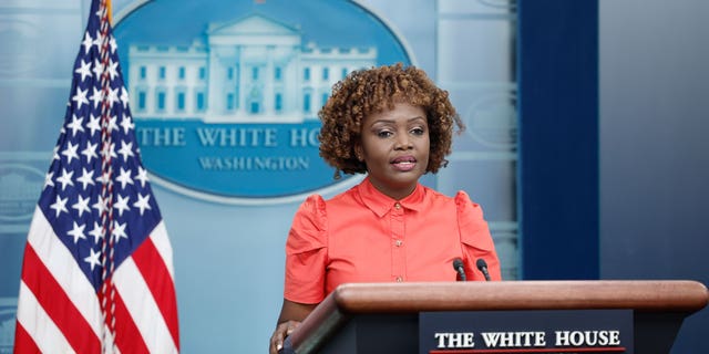 White House press secretary Karine Jean-Pierre speaks during a daily news briefing at the James S. Brady Press Briefing Room in the White House on March 21, 2023.