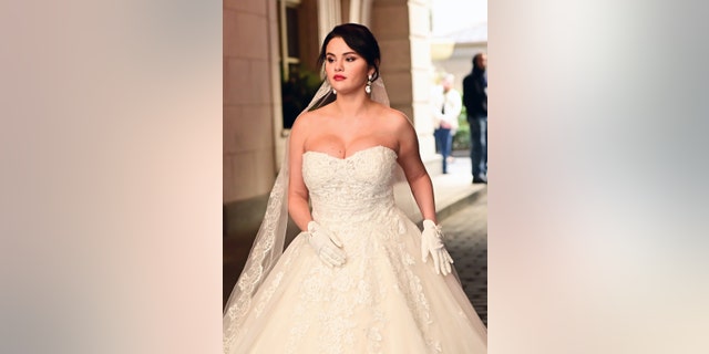 Selena Gomez stunned in a white wedding dress, paired with a veil and matching gloved while filming "Only Murders in the Building."