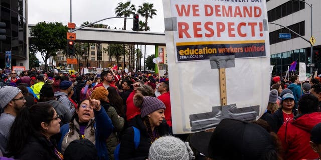 LOS ANGELES, CALIFORNIA: Los Angeles Unified School District (LAUSD) workers and supporters rally on the first day of a three-day strike on March 21, 2023, in Los Angeles, California.