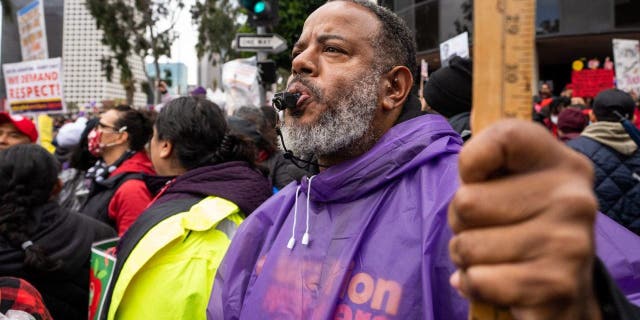 Los Angeles Unified School District (LAUSD) workers and supporters rally on the first day of a three-day strike on March 21, 2023 in Los Angeles, California.