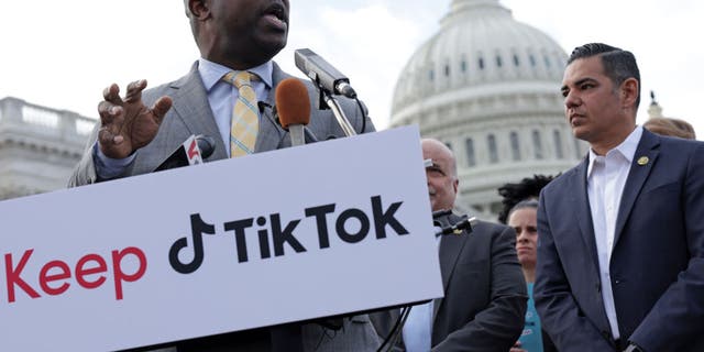 U.S. Rep. Jamaal Bowman (D-NY) speaks as Rep. Robert Garcia (D-CA) and supporters of TikTok listen during a news conference in front of the U.S. Capitol on March 22, 2023 in Washington, DC. TikTok CEO Shou Zi Chew testified before the House Energy and Commerce Committee on whether the video-sharing app is safeguarding user data on the platform. (Photo by Alex Wong/Getty Images)