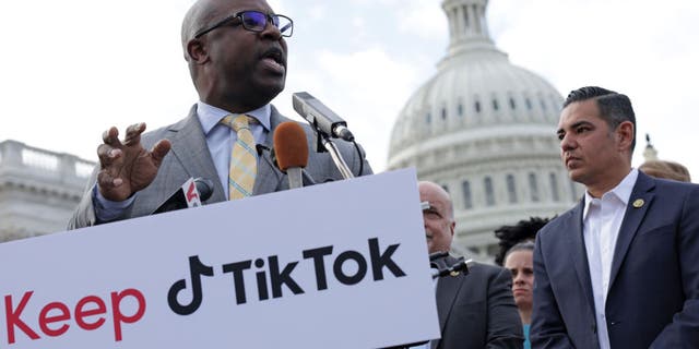 U.S. Rep. Jamaal Bowman (D-NY) speaks as Rep. Robert Garcia (D-CA) and supporters of TikTok listen during a news conference in front of the U.S. Capitol on March 22, 2023 in Washington, DC. TikTok CEO Shou Zi Chew testified before the House Energy and Commerce Committee on whether the video-sharing app is safeguarding user data on the platform. (Photo by Alex Wong/Getty Images)