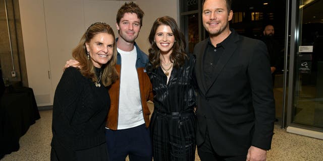 From left to right, Maria Shriver, Patrick Schwarzenegger, Katherine Schwarzenegger and Chris Pratt attend the Netflix premiere of "Unstable."