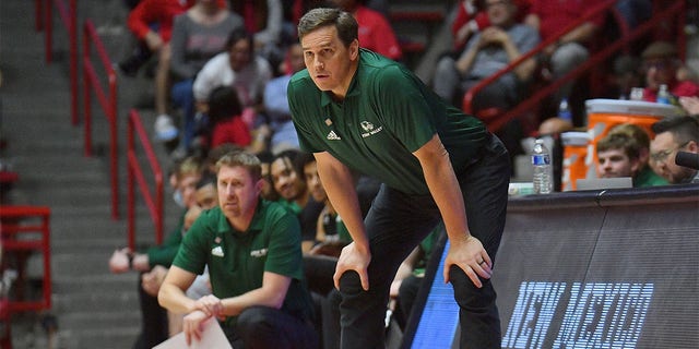 Utah Valley Wolverines head coach Mark Madsen looks on during the second half of their first round game against the New Mexico Lobos in the 2023 National Invitation Tournament at The Pit on March 15, 2023 in Albuquerque, New Mexico.  The Wolverines defeated the Wolves 83-69. 