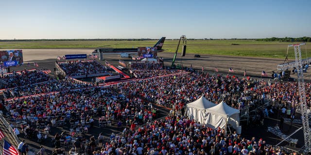 Former President Donald Trump speaks during a 2024 campaign rally at the Waco Regional Airport on March 25, 2023.