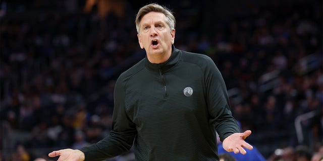 Minnesota Timberwolves head coach Chris Finch questions a call during the game against the Golden State Warriors at the Chase Center in San Francisco on Sunday. 