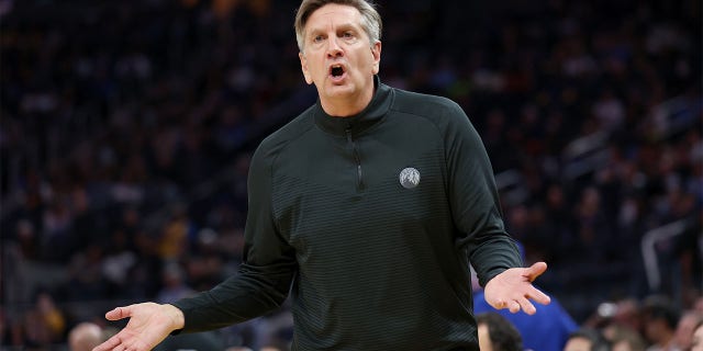 Minnesota Timberwolves caput manager Chris Finch questions a telephone during the crippled against the Golden State Warriors astatine Chase Center successful San Francisco connected Sunday.