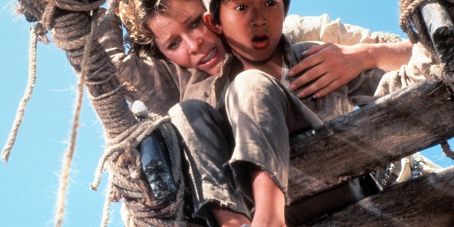 Ke Huy Quan and Kate Capshaw filming a scene for "Temple of Doom"