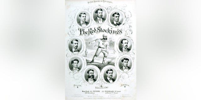 The first professional baseball team the Cincinnati Red Stockings are celebrated in this sheet music issued in 1869 in New York City. 