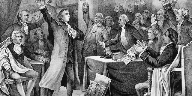 American statesman Patrick Henry (1736-1799) delivers his patriotic "Give me liberty, or give me death!" speech before the Virginia Assembly, March 23, 1775.