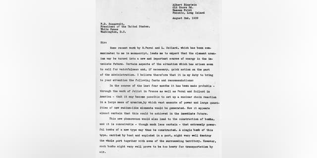 The first page of a letter from physicist Albert Einstein to President Franklin Delano Roosevelt raising the possibility that Germany might build an atomic bomb. The letter led America to build an atomic bomb in what became known as the Manhattan Project.