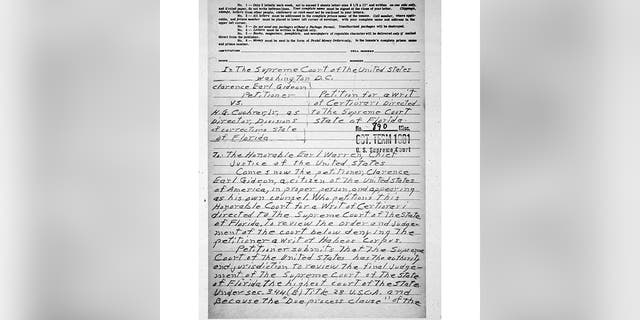 Clarence Earl Gideon's petition to the Chief Justice of the United States against a sentence imposed by a Florida court because he had not had legal representation, resulting in the Fifth Amendment, guaranteed 'due processes of law'.  