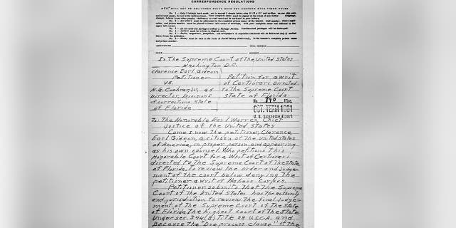 Clarence Earl Gideon's petition to the Chief Justice of the United States against a sentence imposed by a Florida court because he had not had legal representation, resulting in the Fifth Amendment, guaranteed 'due processes of law'.  