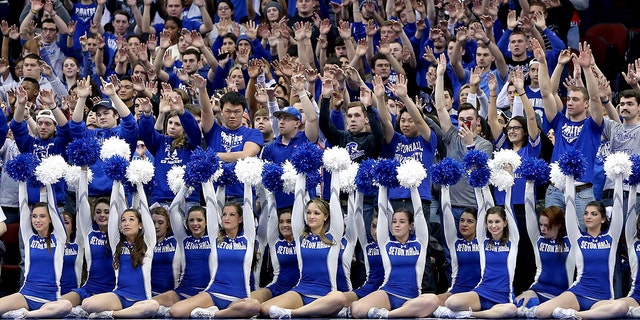 Students, fans and cheerleaders for the Seton Hall Pirates support their school against the Xavier Musketeers during their Big East conference regular season game at Prudential Center on Jan. 31, 2015 in Newark, New Jersey. Seton Hall University is named for Elizabeth Ann Seton, the first American-born saint.