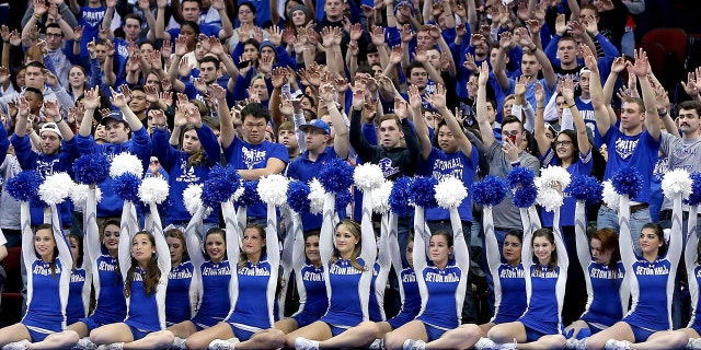 Students, fans and cheerleaders for the Seton Hall Pirates support their school against the Xavier Musketeers during their Big East conference regular season game at Prudential Center on Jan. 31, 2015 in Newark, New Jersey. Seton Hall University is named for Elizabeth Ann Seton, the first American-born saint.