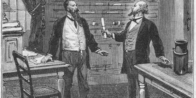 Elisha Gray, American inventor, presenting the caveat for his telephone, 1876, (circa 1890). Gray (1835-1901) arrived at the US Patent Office at 4pm on 14 February 1876, just two hours after Alexander Graham Bell (1847-1922) had presented his own caveat for a telephone. From Les Nouvelles Conquetes de la Science by Louis Figuier (Paris, circa 1890).