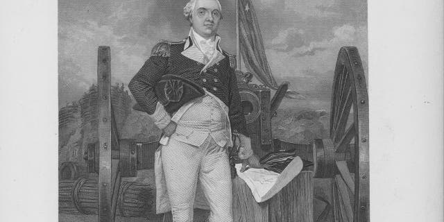 Engraved portrait of former U.S. Secretary of War Henry Knox standing next to a cannon, circa 1780-1800. Engraved from the original by Chappel.