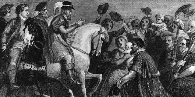Circa 1604, James I King of England and VI of Scotland (1566-1625) crowned in 1603. Seen here entering London. 