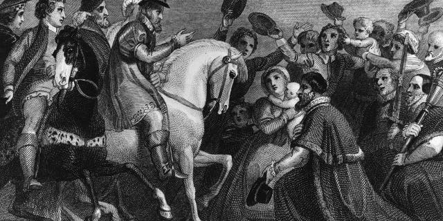 Circa 1604, James I King of England and VI of Scotland (1566-1625) crowned in 1603. Seen here entering London.