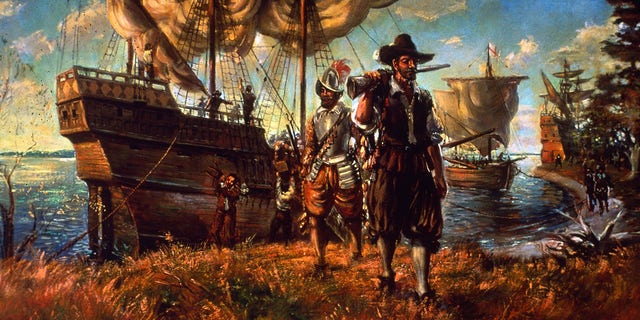 Settlers landing on the site of Jamestown, Virginia, the first permanent English settlement in America. It was named for King James I, who supported the mission. 