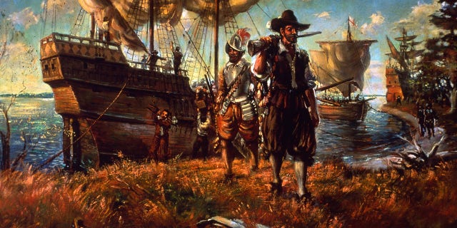 Settlers landing on the site of Jamestown, Virginia, the first permanent English settlement in America. It was named for King James I, who supported the mission.