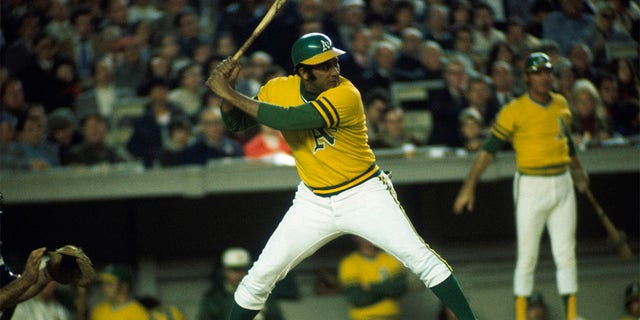 Outfielder Jesus Alou, #22 of the Oakland Athletics, prepares his swing against the New York Mets during the World Series at Shea Stadium in October 1973 in Flushing, New York. 