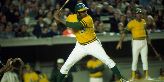 Outfielder Jesus Alou, #22 of the Oakland Athletics, prepares his swing against the New York Mets during the World Series at Shea Stadium in October 1973 in Flushing, New York. 