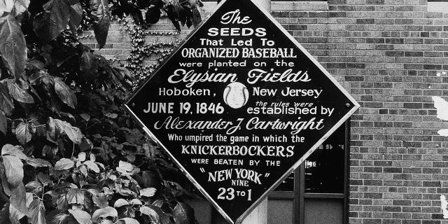 Photograph shows the plaque erected on Jan. 19, 1956, honoring American engineer Alexander Cartwright, who umpired a game on June 19, 1846, after he developed a set of rules for baseball which formed the basis for the modern American game, Hoboken, New Jersey, 1956.