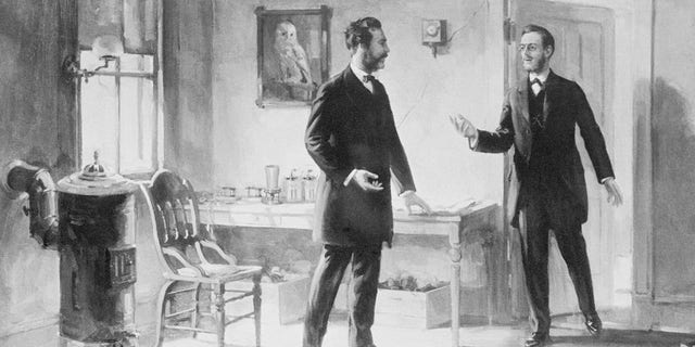 Alexander Graham Bell and Thomas Watson at 5 Exeter Place, Boston, in March 1887.