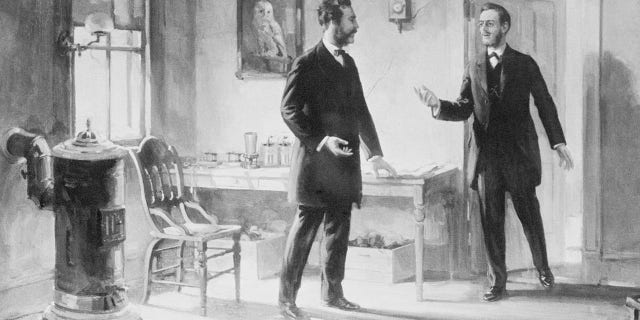 Alexander Graham Bell and Thomas Watson at 5 Exeter Place, Boston, in March 1887.