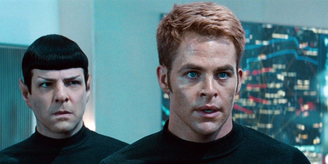 Zachary Quinto as Cmdr. Spock with Chris Pine as Capt. James T. Kirk in a scene from "Star Trek Into Darkness."