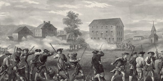 The first shots of the American Revolution were fired in Lexington, Massachusetts, on April 19, 1775. Print shows line of minutemen being fired upon by British troops. Engraving, circa 1903. Virginia orator Patrick Henry had called upon his colonists to raise a militia only four weeks earlier, famously demanding, "Give me liberty, or give me death!"