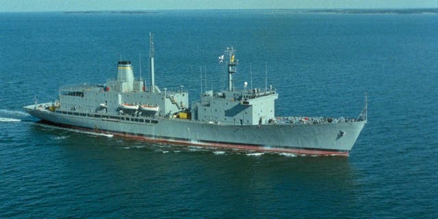 The oceanographic research ship USNS Maury (T-AGS-39) underway in Chesapeake Bay during sea trials in May 1989.