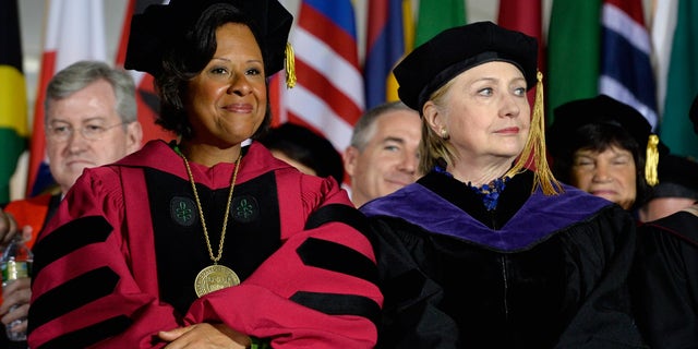 BOSTON, MA - MAY 26: (L-R) Wellesley College President Paula Johnson and Hillary Clinton on stage prior to Clinton's delivering the Commencement Address at the Wellesley College 2017 166th Commencement Exercises at Wellesley College on May 26, 2017 in Boston, Massachusetts. Clinton graduated from Wellesley College in 1969 and majored in political science. (Photo by Paul Marotta/WireImage,)