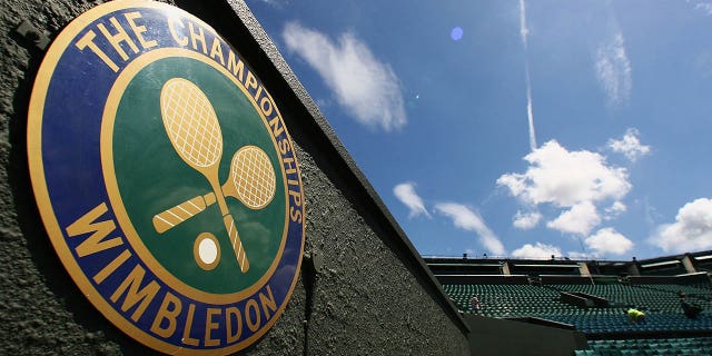 "The Championships" logo is seen at Centre Court during previews for the Wimbledon Lawn Tennis Championships at the All England Lawn Tennis and Croquet Club June 21, 2007, in London. 