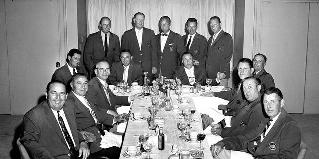 Left to right: Claude Harmon, Gene Sarazen, Clifford Roberts, Cary Middlekoff, Sam Snead, Doug Ford, Byron Nelson, Jimmy Demaret, Bobby Jones, Jack Burke, Jr., Craig Wood, Ben Hogan, Horton Smith, Herman Keyser and Henry Pickard 1958 During the 1958 Masters Tournament held at Augusta National Golf Club in Augusta, Georgia, he attended the Masters Party held April 3-6.