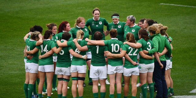 The Ireland team huddle after the Womens Rugby World Cup 5th place semi-final at the Kingspan Stadium on August 22, 2017 in Belfast, United Kingdom. 