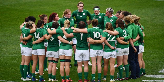 The Ireland team huddle after the Womens Rugby World Cup 5th place semi-final at the Kingspan Stadium on August 22, 2017 in Belfast, United Kingdom.