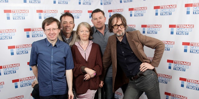Pulp, from left, Mark Webber, Steve Mackey, Candida Doyle, Nick Banks and Jarvis Cocker backstage during the Teenage Cancer Trust series of concerts, at the Royal Albert Hall in London in 2012.