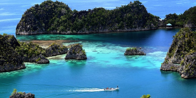 This photo, taken on Aug. 21, 2017, shows the blue sea around Raja Ampat, which means "Four Kings" in Indonesian.