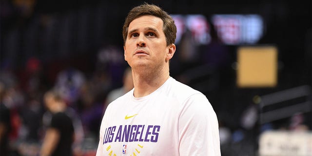 Los Angeles Lakers Assistant Coach Mark Madsen looks on before an NBA game between the Los Angeles Lakers and the Los Angeles Clippers on November 27, 2017 at STAPLES Center in Los Angeles, CA.