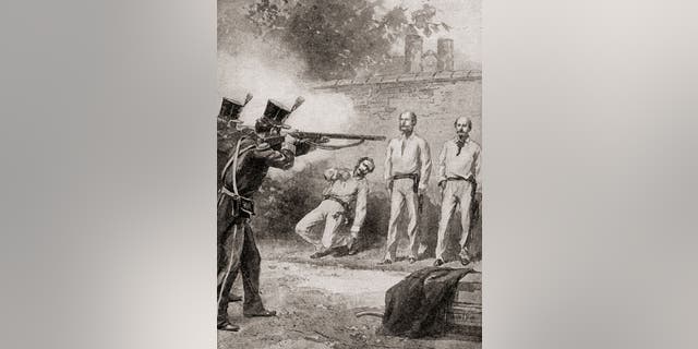 The execution, by firing squad, of Maximilian I in 1867. Maximilian I, born Ferdinand Maximilian Joseph, was the only monarch of the Second Mexican Empire. From "The History of our Country," published 1900.