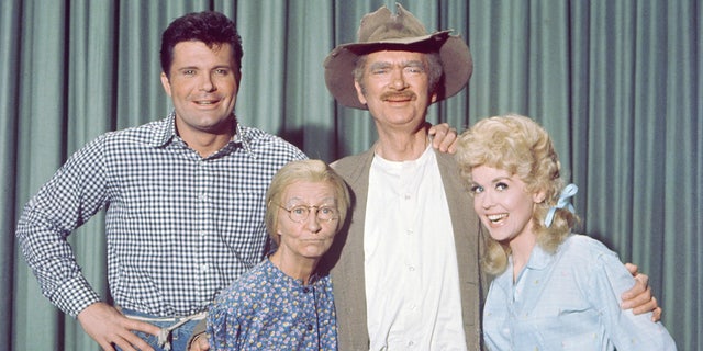 The cast of "The Beverly Hillbillies," from left to right Max Baer, Jr., as Jethro Bodine; Irene Ryan, as Granny, Daisy Moses; Buddy Ebsen, as Jed Clampett; and Donna Douglas, as Elly May Clampett.