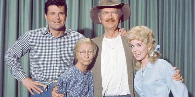 The cast of "The Beverly Hillbillies," from left to right Max Baer, Jr., as Jethro Bodine; Irene Ryan, as Granny, Daisy Moses; Buddy Ebsen, as Jed Clampett; and Donna Douglas, as Elly May Clampett.