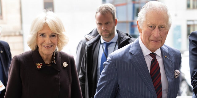 King Charles III and Camilla, queen consort, arrive at the Bundestag, Germany's parliament, March 30, 2023, in Berlin, Germany.