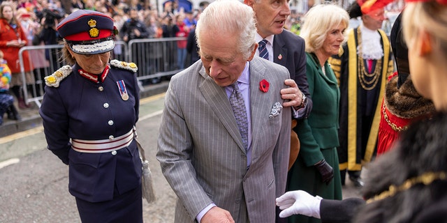 King Charles III of the United Kingdom reacts after an egg was thrown in his direction in York during a ceremony at Micklegate Bar where, traditionally, The Sovereign is welcomed to the city, during an official visit to Yorkshire on November 9, 2022, in York, England. 