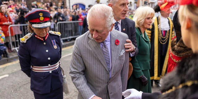 King Charles III of the United Kingdom reacts after an egg was thrown in his direction in York during a ceremony at Micklegate Bar where, traditionally, The Sovereign is welcomed to the city, during an official visit to Yorkshire on November 9, 2022, in York, England. 