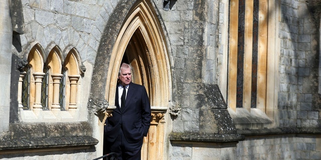 Prince Andrew attends Sunday service at the Royal Chapel of All Saints, at Royal Lodge, in Windsor on April 11, 2021. The Queen Mother called the Royal Lodge home until her death.