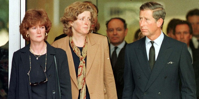 Prince Charles with Princess Diana's two sisters, Lady Jane Fellowes (center) and Lady Sarah McCorquodale as they left the Pitie Salpetriere Hospital in Paris. Princess Diana died at the hospital from massive injuries she sustained after her car was involved in a high speed crash. Her companion, Dodi Fayed, and the driver of the car were also killed.