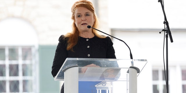 Sarah Ferguson, Duchess of York, speaks at the public memorial for Lisa Marie Presley Jan. 22, 2023, in Memphis.